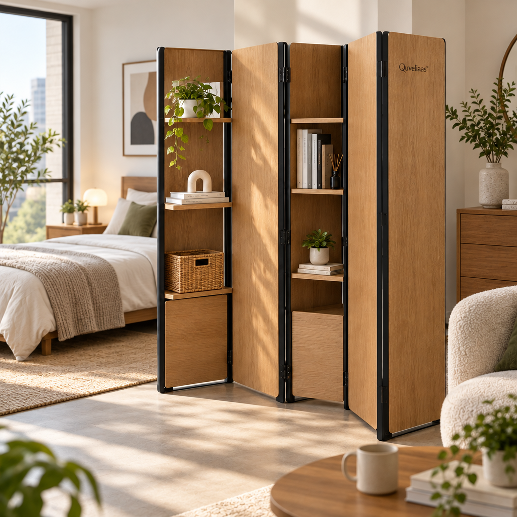 Quveliaas™ Folding Room Divider with Shelves | Freestanding Privacy Screen and Storage image 2