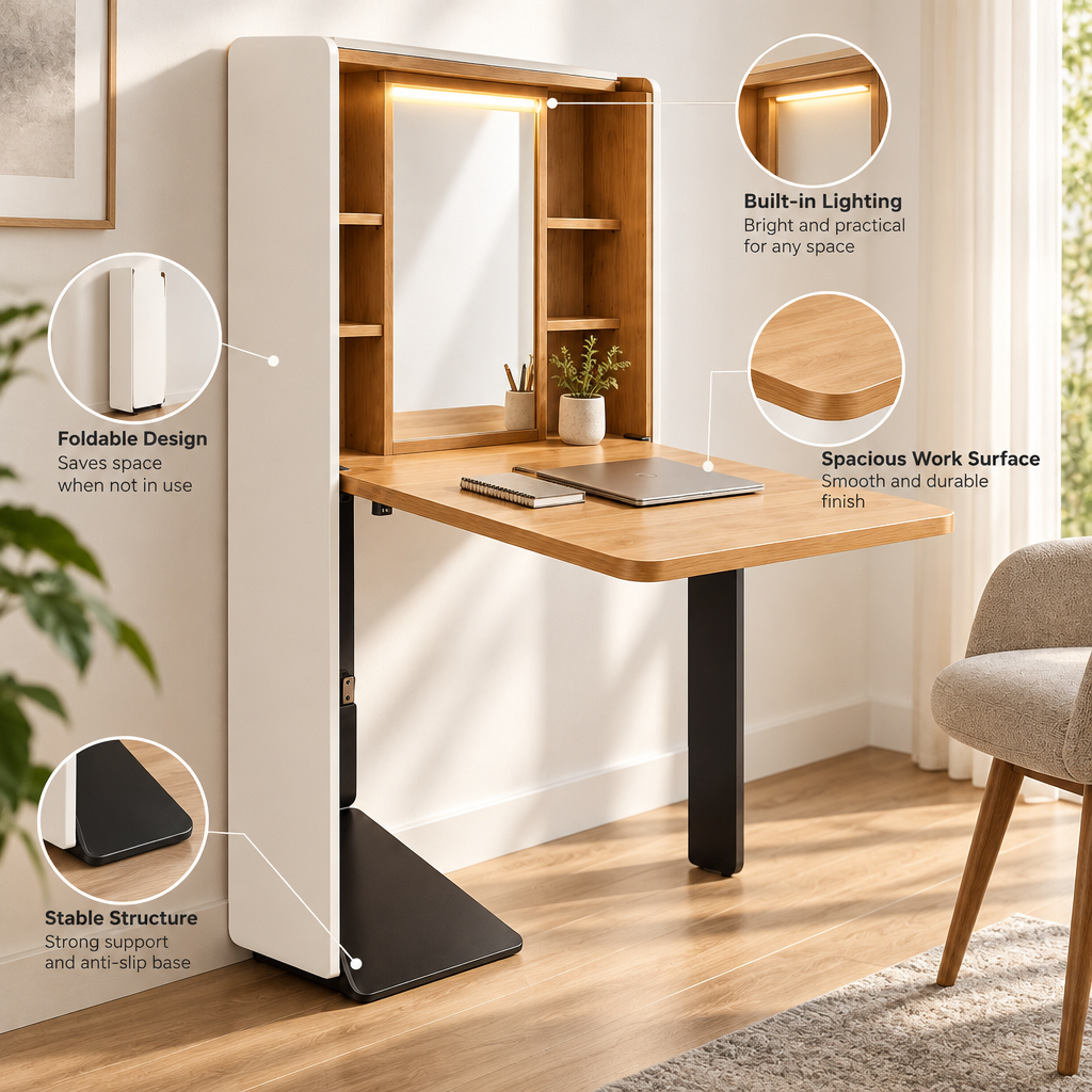 Quveliaas™ Wall-Mounted Fold-Down Desk with Shelves and Lighting image 4