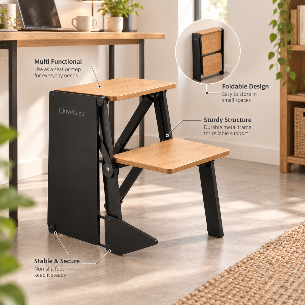 Quveliaas™ Folding Step Stool | Two-Step Design with Wood-Look Treads image 4