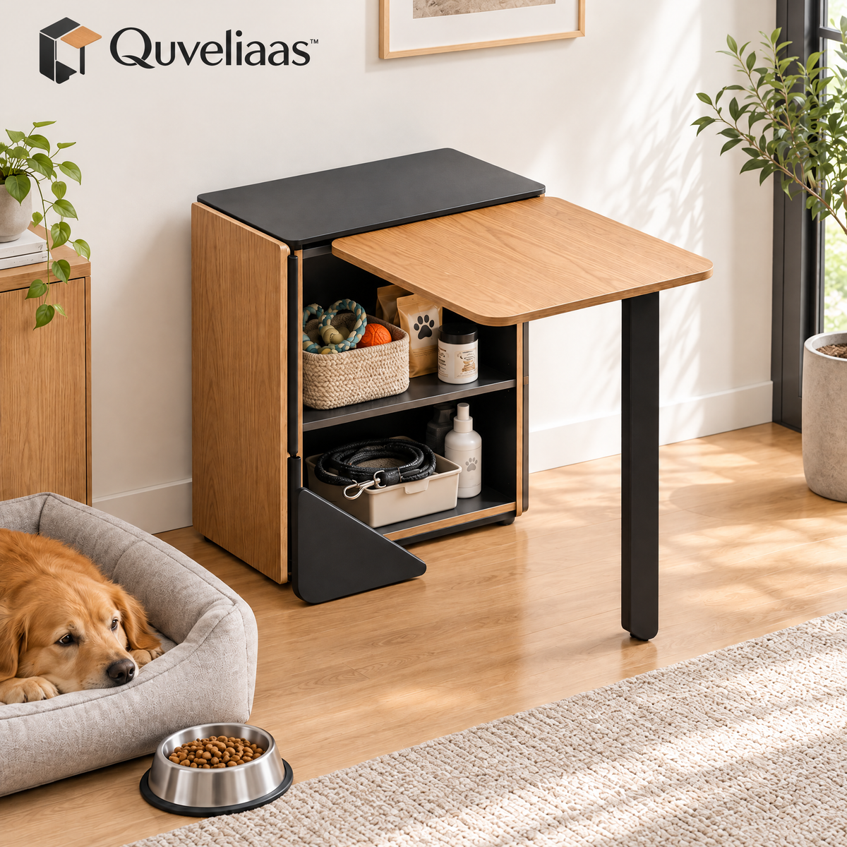 Quveliaas™ Fold-Out Pet Storage Cabinet | Extending Tabletop with Organized Shelves image 1