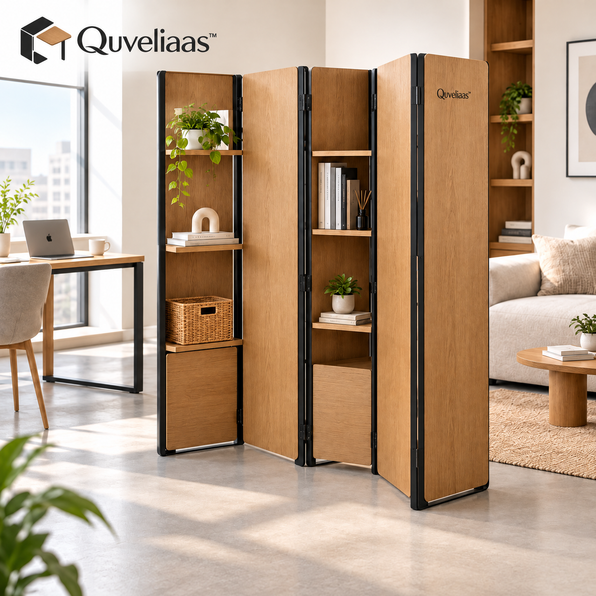 Quveliaas™ Folding Room Divider with Shelves | Freestanding Privacy Screen and Storage image 1
