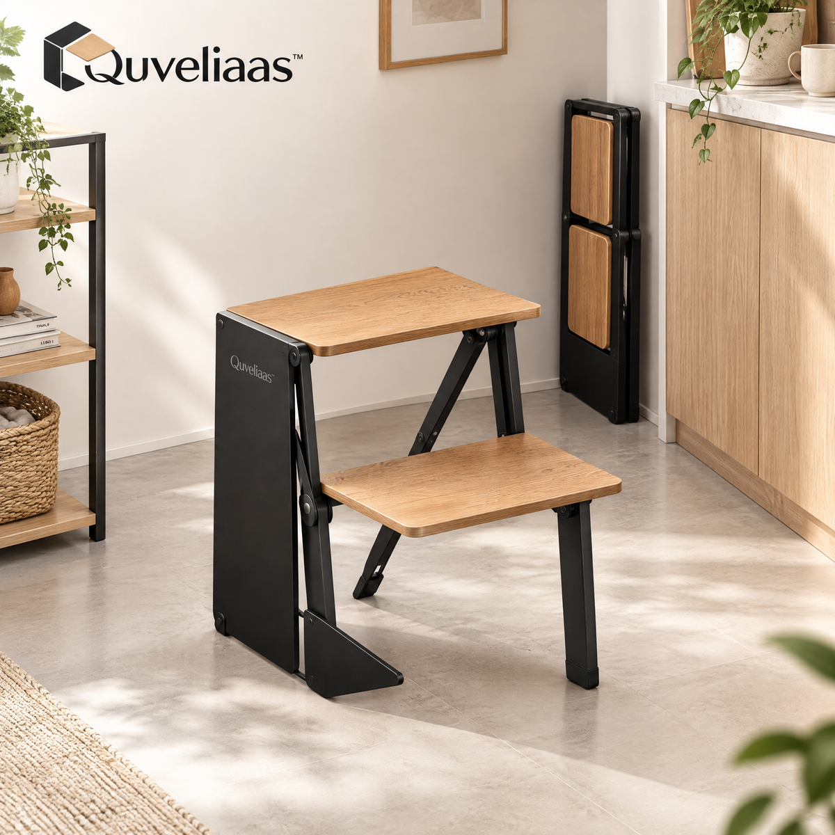Quveliaas™ Folding Step Stool | Two-Step Design with Wood-Look Treads image 1
