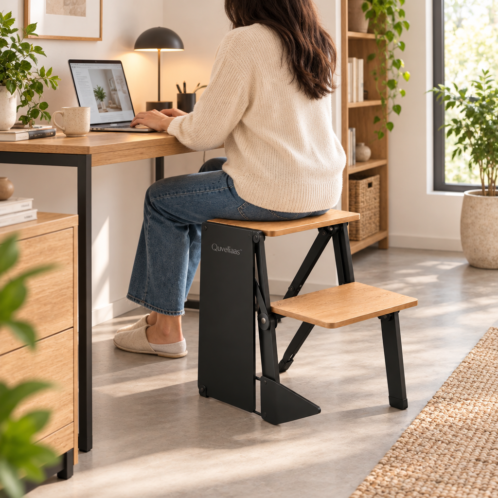 Quveliaas™ Folding Step Stool | Two-Step Design with Wood-Look Treads image 2