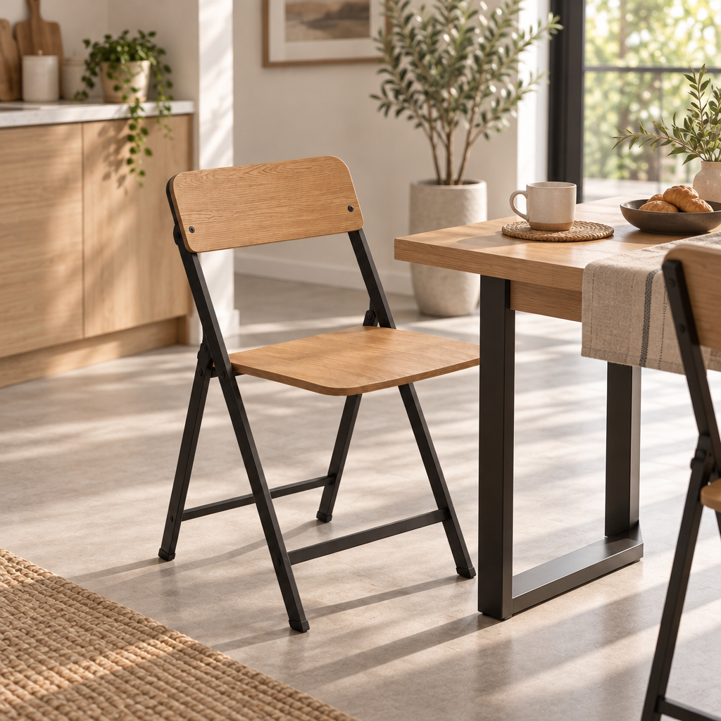 Quveliaas™ Folding Chair with Backrest | Wood-Look Seat and Metal Frame image 2