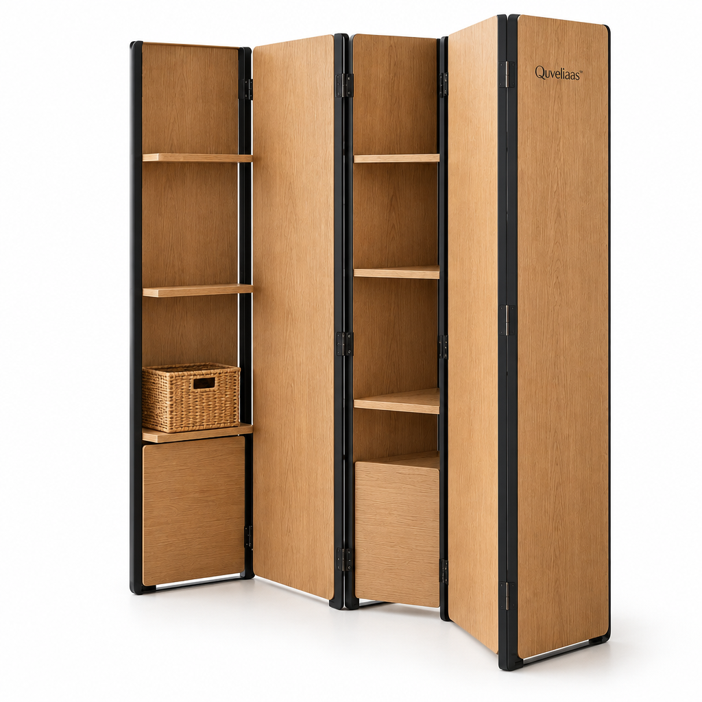 Quveliaas™ Folding Room Divider with Shelves | Freestanding Privacy Screen and Storage image 3