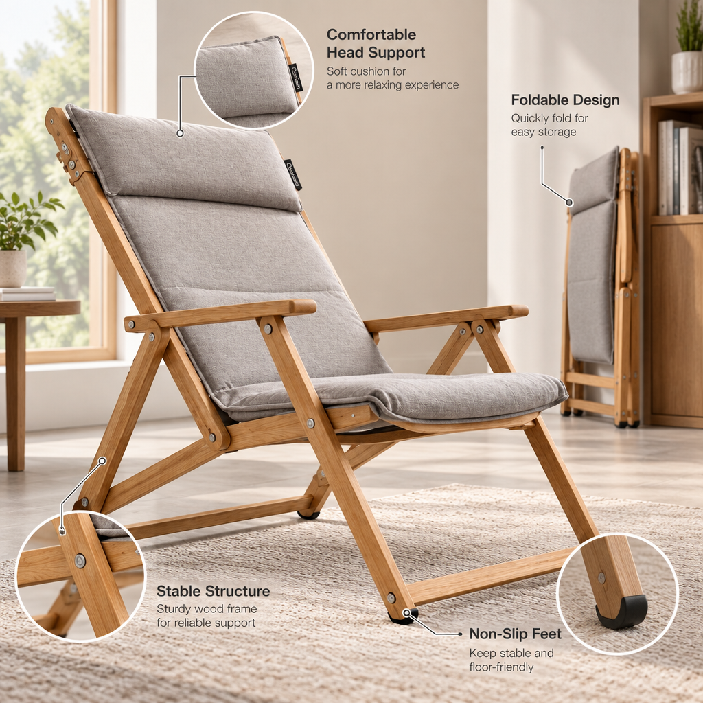 Quveliaas™ Foldable Lounge Chair | Cushioned Seat with Wood Frame image 4