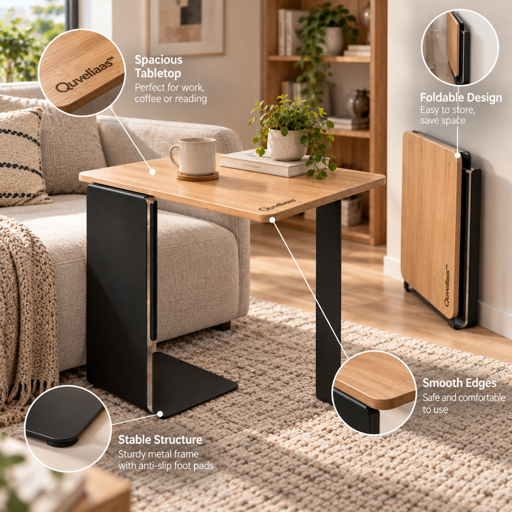 Quveliaas™ Foldable Sofa Side Table | Space-Saving Table with Wood-Look Top image 4