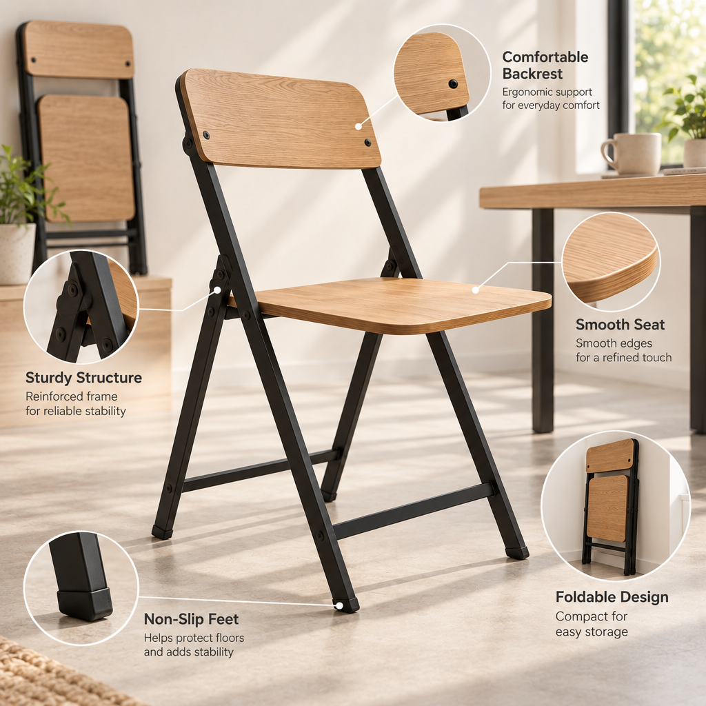 Quveliaas™ Folding Chair with Backrest | Wood-Look Seat and Metal Frame image 4