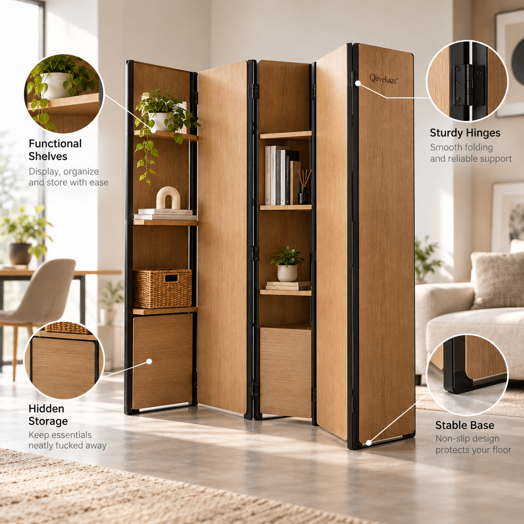 Quveliaas™ Folding Room Divider with Shelves | Freestanding Privacy Screen and Storage image 4