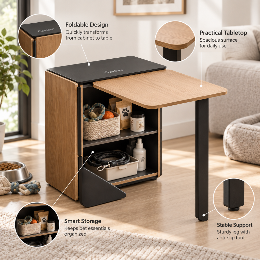 Quveliaas™ Fold-Out Pet Storage Cabinet | Extending Tabletop with Organized Shelves image 4