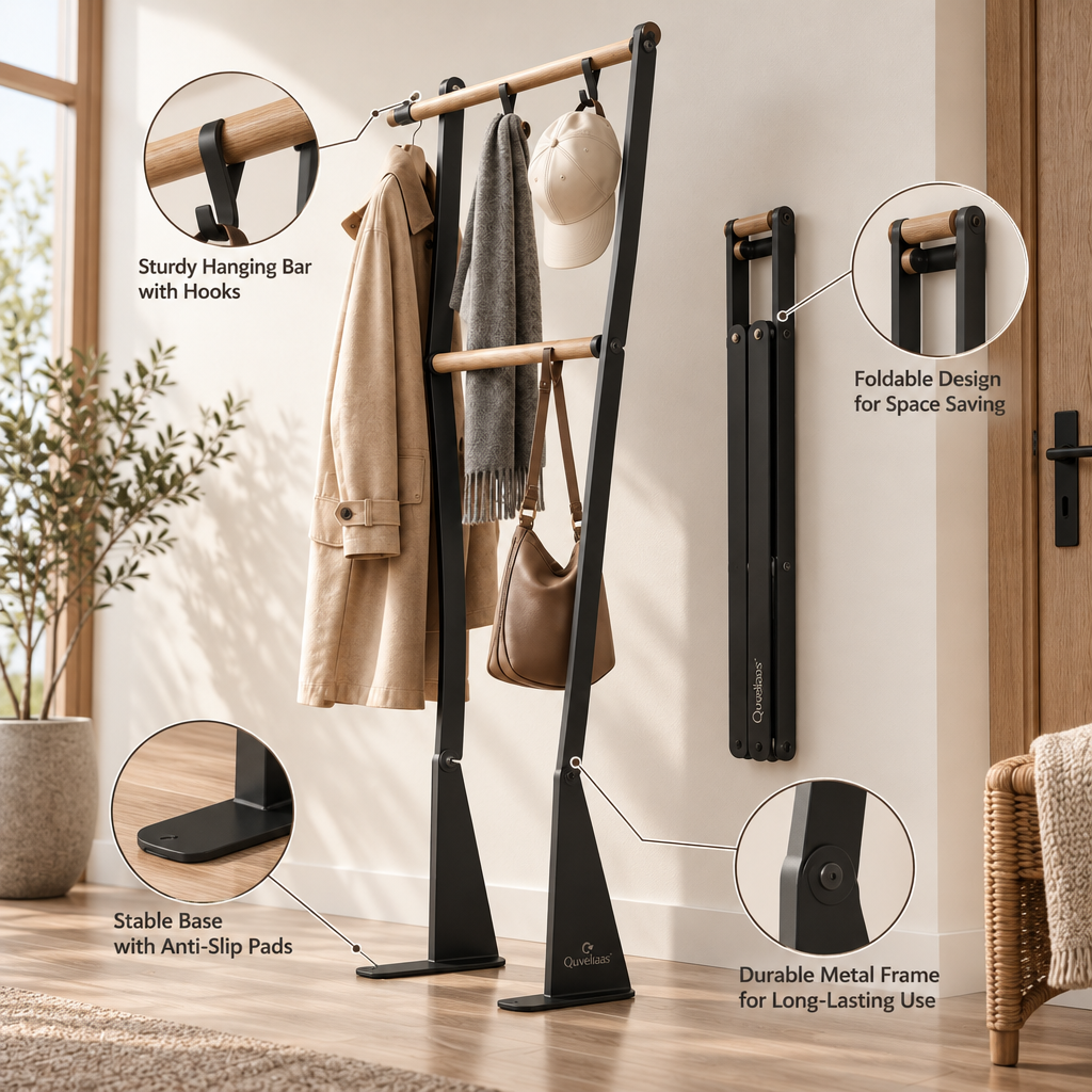 Quveliaas™ Foldable Garment Rack with Hanging Bars and Hooks image 4